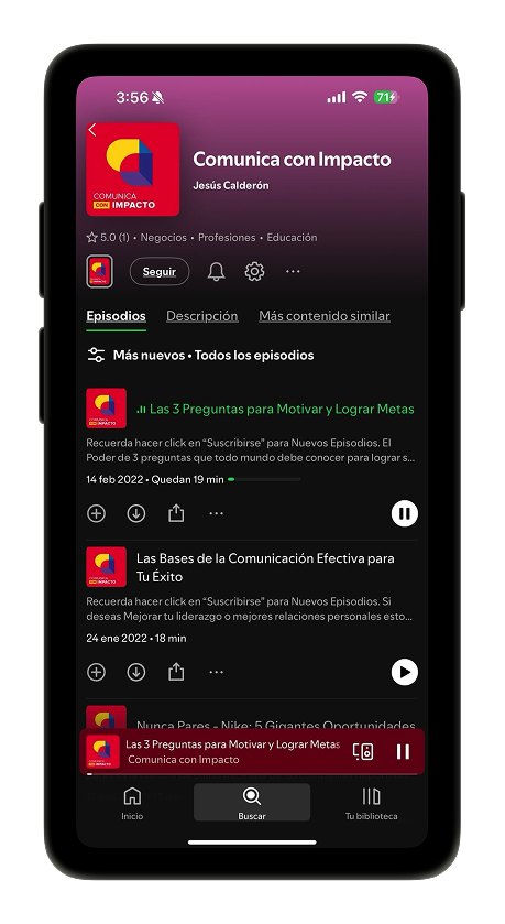 Imagen de un teléfono movil mostrando un podcast